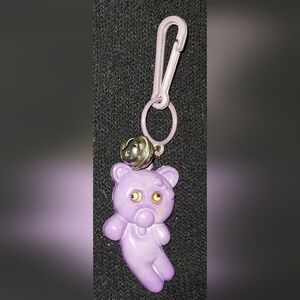 Vintage 1980s Keychain Plastic Necklace Purple Teddy Bear Charm w/ Bell